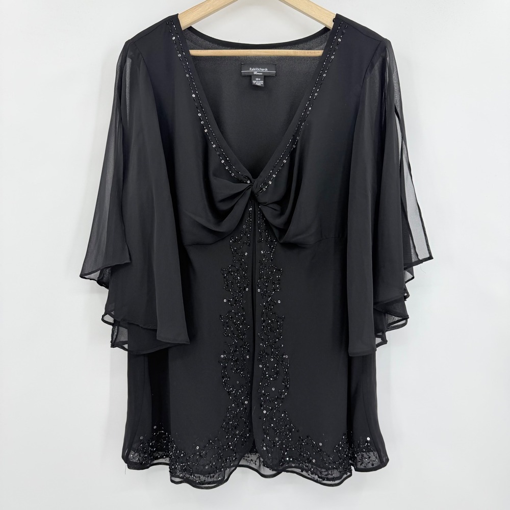 R&M Richards Evening Blouse Women 18W Black Beaded Sequin Flutter Sleeve